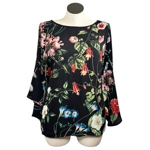 Chenault Womens‎ XL Black Floral Bell Sleeve Blouse Botanical Print 2198CD173IST